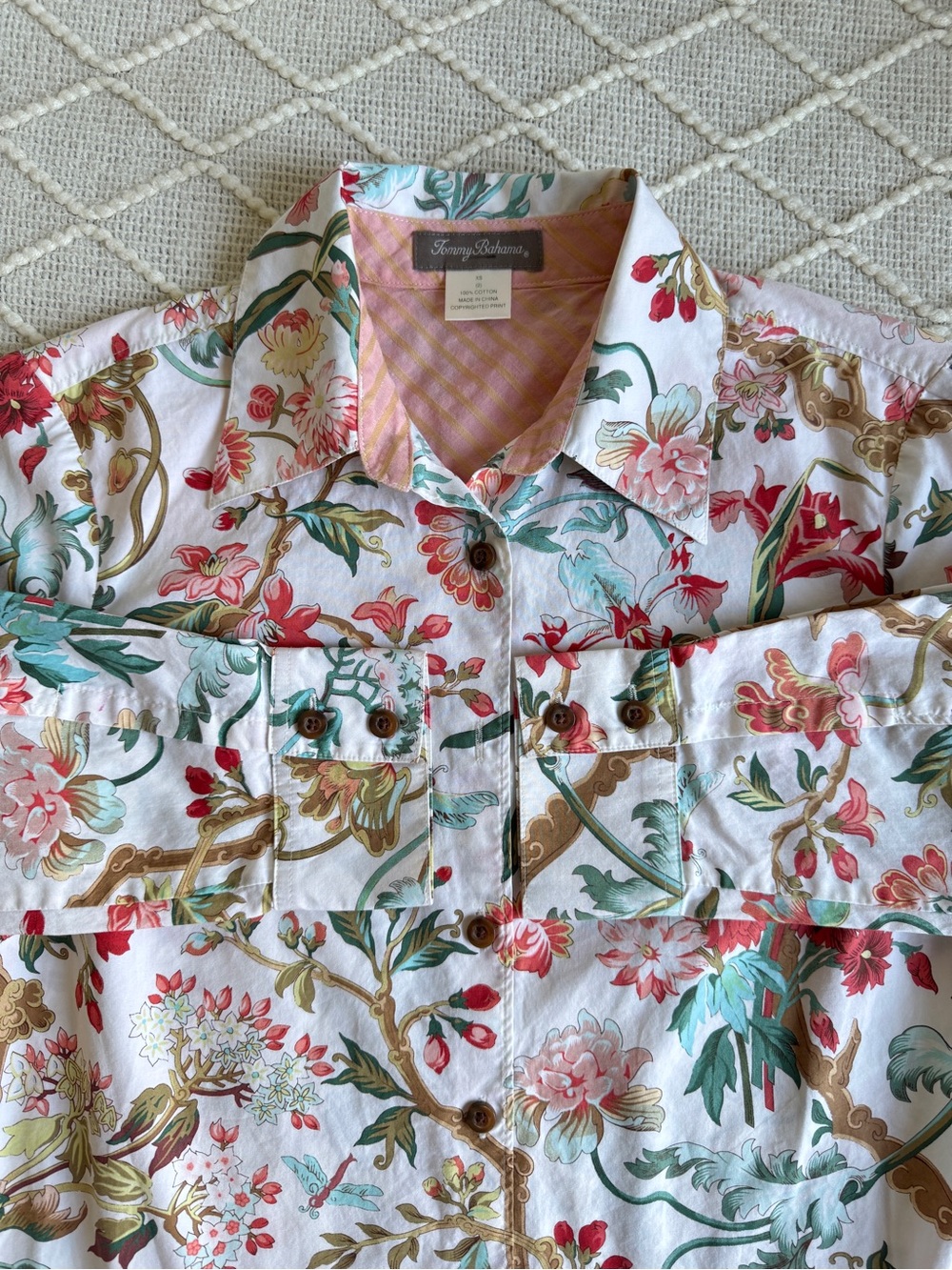 Tommy Bahama Women’s Floral Button Front Shirt XS White Cotton Long Sleeve - Picture 5 of 8